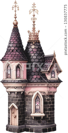 An ornate fairytale gothic tower house with pink accents and stained glass An ornate fairytale gothic tower house with pink accents and stained glass 130837775