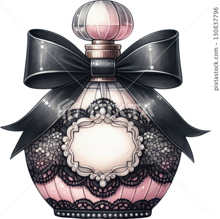 An elegant pink perfume bottle adorned with a black satin bow and intricate black lace An elegant pink perfume bottle adorned with a black satin bow and intricate black lace 130837796
