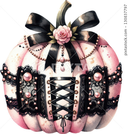 Elegant pink pumpkin adorned with black lace ribbons and floral details 130837797