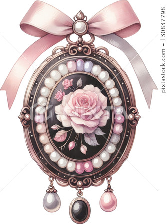 Elegant pink rose cameo brooch with pearls and ribbons Elegant pink rose cameo brooch with pearls and ribbons 130837798