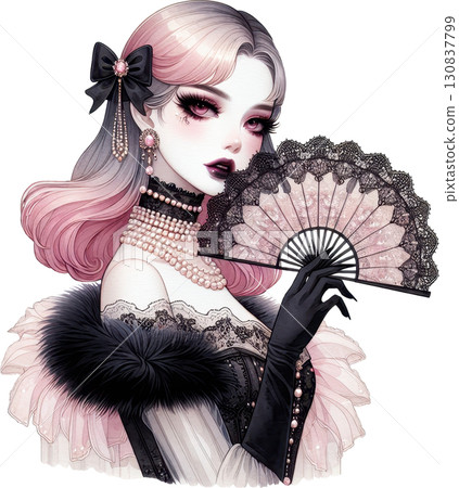 Elegant woman in gothic vintage attire holding a lace fan Elegant woman in gothic vintage attire holding a lace fan 130837799