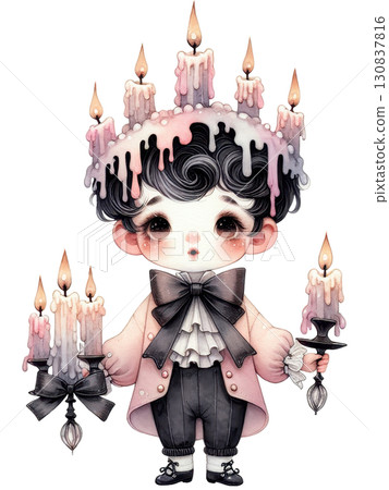 Whimsical character adorned with melting candles and candelabras Whimsical character adorned with melting candles and candelabras 130837816