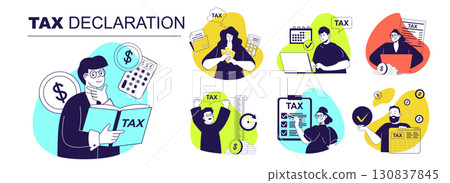 Tax declaration concept set for web design. Collection with people calculating income earning, filling declaration form online, inspecting financial budget and paying to time. Vector illustration. 130837845
