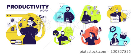 Productivity work concept set for web design. Collection with people planning and organizing schedule lists, doing work tasks to deadline, using multitasking in workflow process. Vector illustration. 130837855