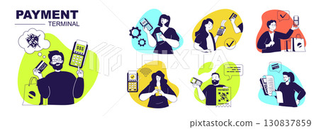 Payment terminal concept set for web design. Collection with people using wireless and contactless POS terminals for paying, checkout with credit cards and cashless technology. Vector illustration. 130837859