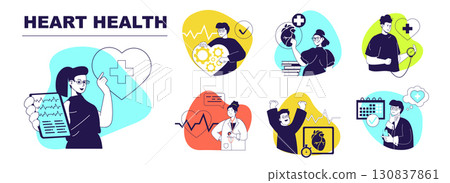 Heart health concept set for web design. Collection with people doing cardio check up, measuring blood pressure and heartbeat, cardiologist research cardiogram, making diagnosis. Vector illustration. 130837861