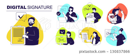 Digital signature concept set for web design. Collection with people signing business documents with electronic identification certificate, approve with verification technology. Vector illustration. Digital signature concept set for web design. Collection with people signing business documents with electronic identification certificate, approve with verification technology. Vector illustration. 130837866