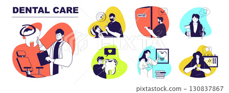 Dental care concept set for web design. Collection with people visiting dentist for teeth check up, getting oral hygiene, whitening treatment and prevention tooth procedure. Vector illustration. Dental care concept set for web design. Collection with people visiting dentist for teeth check up, getting oral hygiene, whitening treatment and prevention tooth procedure. Vector illustration. 130837867
