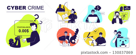 Cyber crime concept set for web design. Collection with people suffering from hacking credit cards and stealing money, phishing passwords, hackers attacks, scam and spy online. Vector illustration. 130837869
