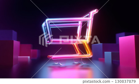 Neon shopping cart icon, 3D e-commerce and online trading concept in futuristic glow Neon shopping cart icon, 3D e-commerce and online trading concept in futuristic glow 130837879