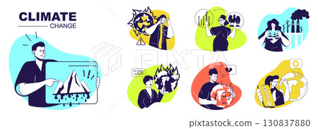 Climate change concept set for web design. Collection with people worried about melting glaciers, suffering from hot temperature, toxic industry pollution and wildfires risk. Vector illustration. 130837880