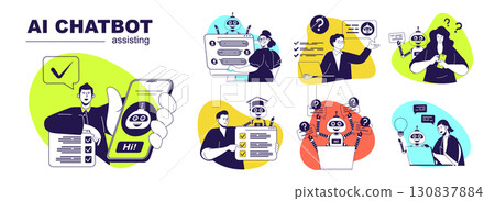 AI chatbot assisting concept set for web design. Collection with people chatting with artificial intelligence advisers, searching online and getting answers, interacting with bot. Vector illustration. 130837884