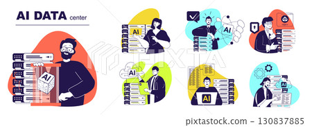 AI data center concept set for web design. Collection with people using network computing with artificial intelligence technology, cloud processing, online backup with security. Vector illustration. 130837885