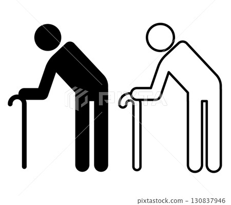Pictogram of an elderly person with a cane (horizontal, 6 heads tall) 130837946
