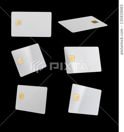 Card set of bank credit and debit cards. Black plastic elements in flying position, front and back 130838065