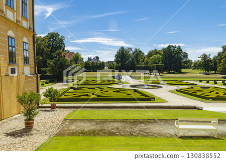 Jaromerice nad Rokytnou baroque garden with hedges, fountain and bridge on sunny day Jaromerice nad Rokytnou baroque garden with hedges, fountain and bridge on sunny day 130838552