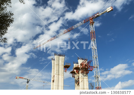 Cranes working on bridge construction in D11 near Bernartice, Czechia Cranes working on bridge construction in D11 near Bernartice, Czechia 130838577