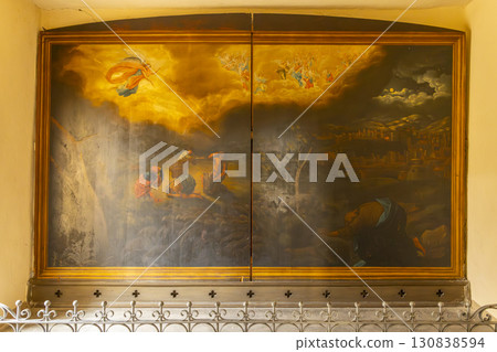 Religious painting depicting agony in the garden and praying apostle in Basilica of the Visitation of the Blessed Virgin Mary in Wambierzyce, Poland 130838594