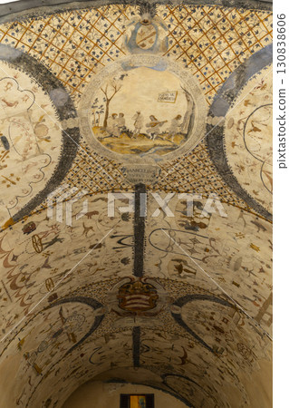 Medieval Fresco Painting on the Ceiling of Palazzo del Capitano del Popolo in Assisi, Italy Medieval Fresco Painting on the Ceiling of Palazzo del Capitano del Popolo in Assisi, Italy 130838606