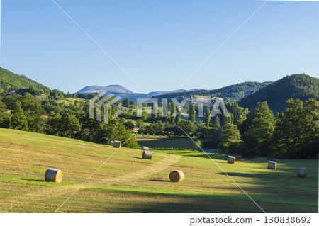 Hay bales resting in a field in Umbria, Italy, during summer Hay bales resting in a field in Umbria, Italy, during summer 130838692