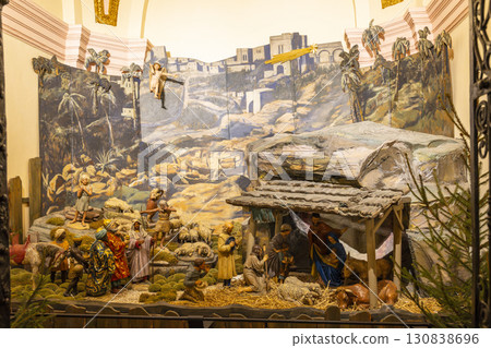 Nativity scene depicting birth of Jesus Christ with shepherds and three wise men bringing gifts in Prague Nativity scene depicting birth of Jesus Christ with shepherds and three wise men bringing gifts in Prague 130838696