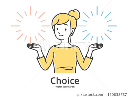 Illustration material of a young woman choosing one of the two Illustration material of a young woman choosing one of the two 130838787