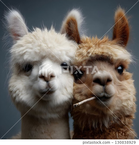 Alpaca pair featuring white and brown woolly companions, standing closely together, with brown alpaca nibbling wooden twig against neutral gray backdrop 130838929