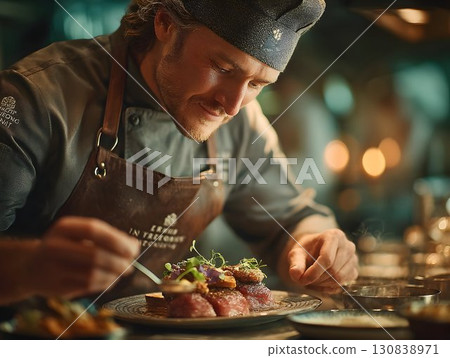 Professional chef carefully garnishing elegant gourmet dish, meticulously arranging culinary creation with precise movements in modern restaurant kitchen workspace 130838971