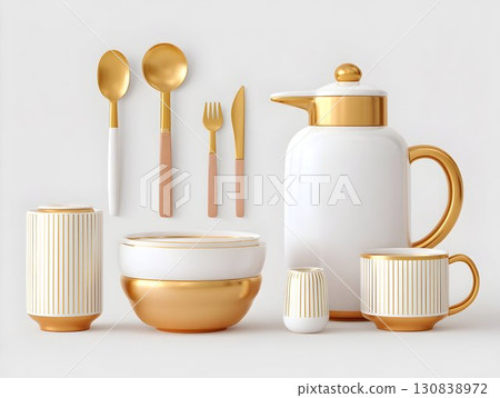 Elegant white and gold ceramic tea set featuring delicate porcelain teapot, matching cup, serving spoon, presenting refined craftsmanship 130838972