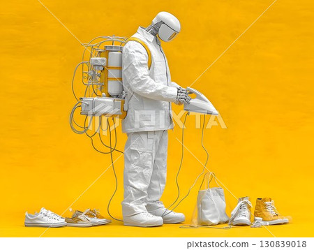 Household robot pressing clothes with precision, combining sleek chrome design and advanced technology within minimalist interior setting, representing future of domestic automation and artificial 130839018