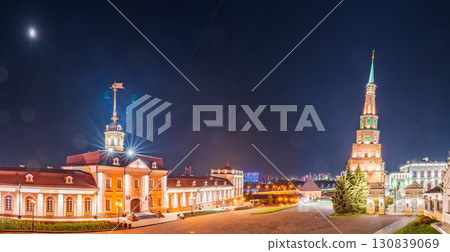The ancient leaning red brick Syuyumbike Tower at night on the territory of the Kazan Kremlin. Russia 130839069