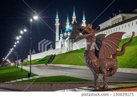 Dragon Zilant - the symbol of the city of Kazan and the Kul Sharif mosque of the Kazan Kremlin. Russia. Summer night view 130839175
