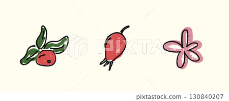 Whimsical hand drawn set of cranberry, rosehip berry, and decorative flower in doodle sketch style with marker texture, rustic botanical autumn decoration. Flat vector illustration isolated . 130840207