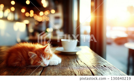 A soothing sunshine and coffee cup with an orange cat sleeping cozily on a wooden cafe table during Pomodoro study time 130840219