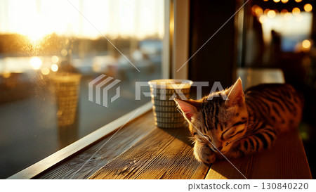 A soothing sunshine and coffee cup with an orange cat sleeping cozily on a wooden cafe table during Pomodoro study time 130840220