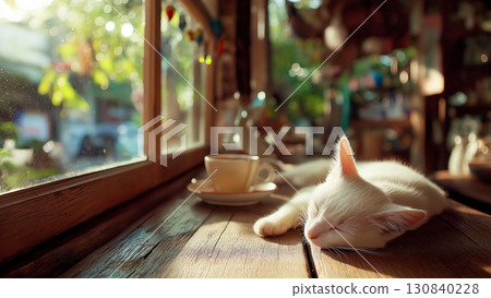 番茄工作法學習時間，舒緩的陽光和咖啡杯，以及一隻橙色的貓在木製咖啡桌上舒適地睡覺 130840228