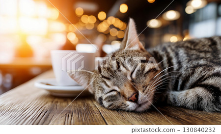 A soothing sunshine and coffee cup with an orange cat sleeping cozily on a wooden cafe table during Pomodoro study time 130840232