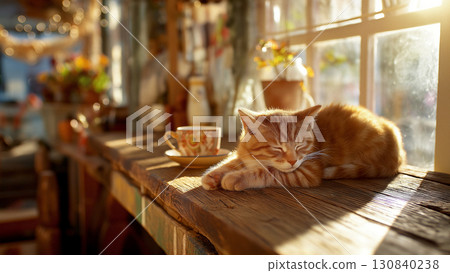 A soothing sunshine and coffee cup with an orange cat sleeping cozily on a wooden cafe table during Pomodoro study time 130840238