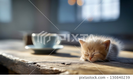 A soothing sunshine and coffee cup with an orange cat sleeping cozily on a wooden cafe table during Pomodoro study time 130840239