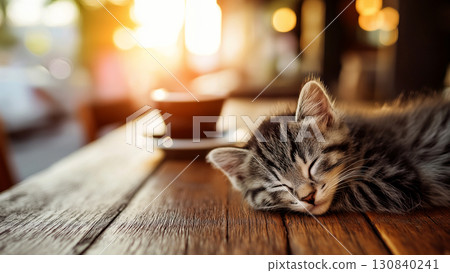 A soothing sunshine and coffee cup with an orange cat sleeping cozily on a wooden cafe table during Pomodoro study time 130840241
