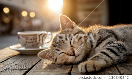 A soothing sunshine and coffee cup with an orange cat sleeping cozily on a wooden cafe table during Pomodoro study time 130840242