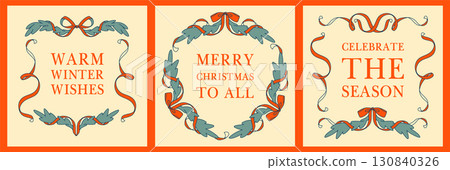 Classic Christmas greeting cards with a wreath frame and ribbon ornaments. Perfect for social media, invitations, banners with warm Winter Wishes Classic Christmas greeting cards with a wreath frame and ribbon ornaments. Perfect for social media, invitations, banners with warm Winter Wishes 130840326
