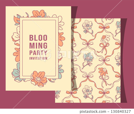 Feminine invitation card with pastel floral frame and decorative flowers. Romantic design for parties, weddings, birthdays, and spring celebrations Feminine invitation card with pastel floral frame and decorative flowers. Romantic design for parties, weddings, birthdays, and spring celebrations 130840327