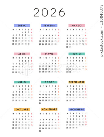 2026 yearly calendar with modern minimalist design and colorful month headers in Spanish language. Printable annual planner for home, office, school, and organization. Full year layout. Vector. 130840375