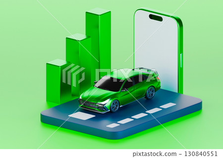 Green car on road, smartphone by side, green background 130840551