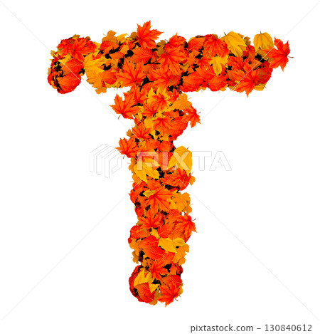 Letter T made of autumn leaves. 130840612