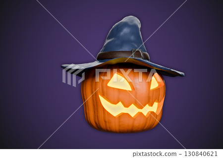 pumpkin, often associated with Halloween, wearing a dark-colored witch's hat pumpkin, often associated with Halloween, wearing a dark-colored witch's hat 130840621