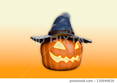 Perched on top of the pumpkin is a dark witch's hat with a pointed crown Perched on top of the pumpkin is a dark witch's hat with a pointed crown 130840626