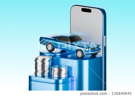 a vibrant blue, classic American car, placed atop a stack of blue, cylindrical  130840645