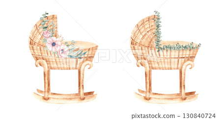 Watercolor Baby cradle Set for a Girl and a Boy from rattan with floral Garlands, anemone and eucalyptus in Vintage style isolated on a white background. Children's eco accessory for newborn greeting Watercolor Baby cradle Set for a Girl and a Boy from rattan with floral Garlands, anemone and eucalyptus in Vintage style isolated on a white background. Children's eco accessory for newborn greeting 130840724